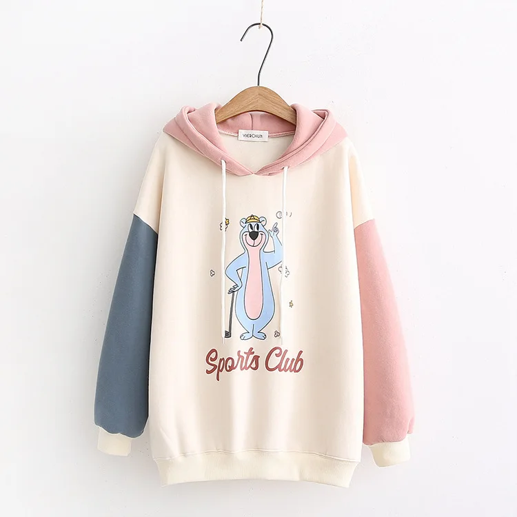 Розовый MERRY PRETTY женские толстовки с капюшоном мультфильм печати лоскутное толстовки зима плюс бархат шнурок пуловер Свободный спортивный костюм - Цвет: Розовый