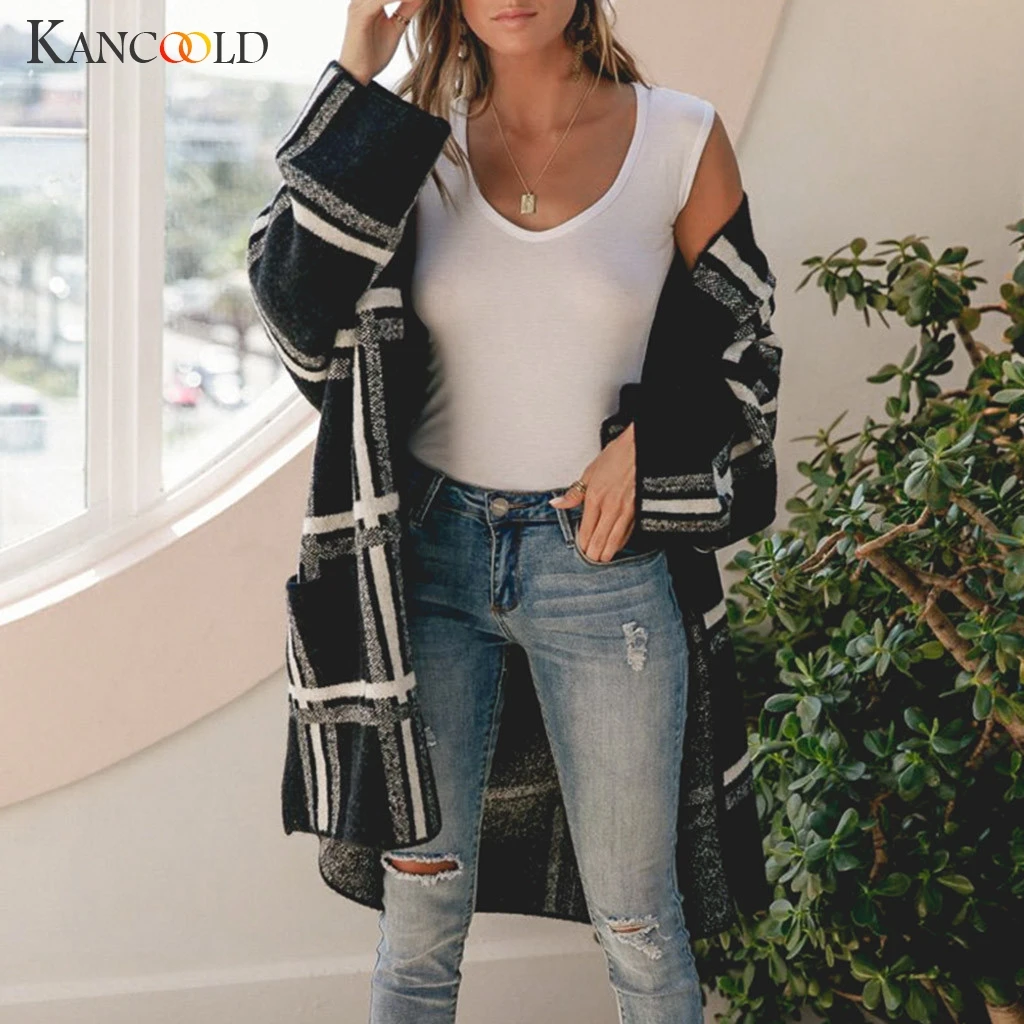 KANCOOLD пальто Модные женские зимние с длинным рукавом в полоску вязанная кофта кардиган с бантом Новые пальто и куртки для женщин 2019AUG13
