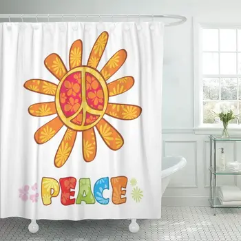 

Blue Flower Hippie Peace Symbol Colorful Groovy Sign Abstract Shower Curtain Waterproof Fabric 60 x 72 Inches Set with Hooks