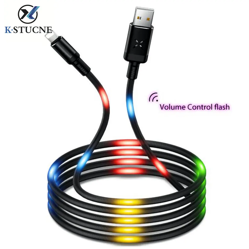 

KSTUCNE Volume Control Dancing LED Light Flash Cable For iPhone Huawei Sumsung Data Sync 2A Fast Charging For ligting USB Cable