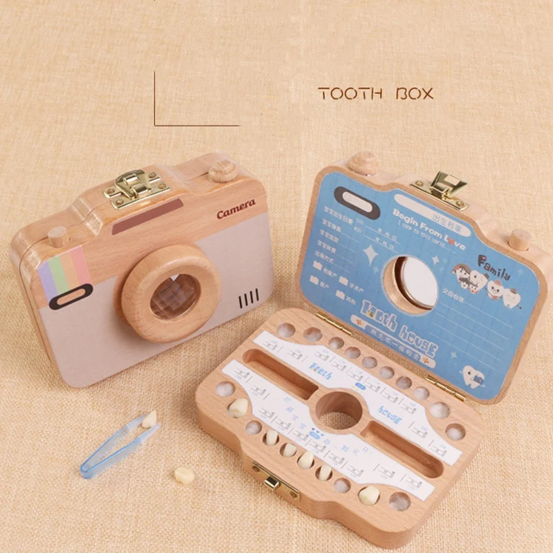 

Wooden Tooth Storage Box for Baby Gift Camera Shape Deciduous Tooth Storage Box Organizer Milk Teeth Collect Organizer Keepsak