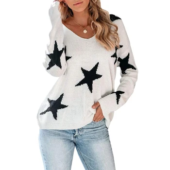 

Muyogrt Stars Print Sweaters Tunic Women Casual V-neck Loose Long Sleeve Knitted Top 2020 Autumn Winter Female Jumper Pullovers