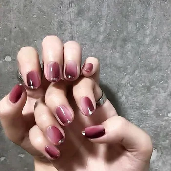 

Peach Manicure Europe and America round Silver Wearable Manicure Popular Gradient Fake Nails Nail Tip Finished Product Nail Tip