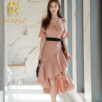 

New Summer 2020 Women Sexy V neck Flare Sleeve Midi Dress Fashion Vintage Ruffle Asymmetrical Dresses