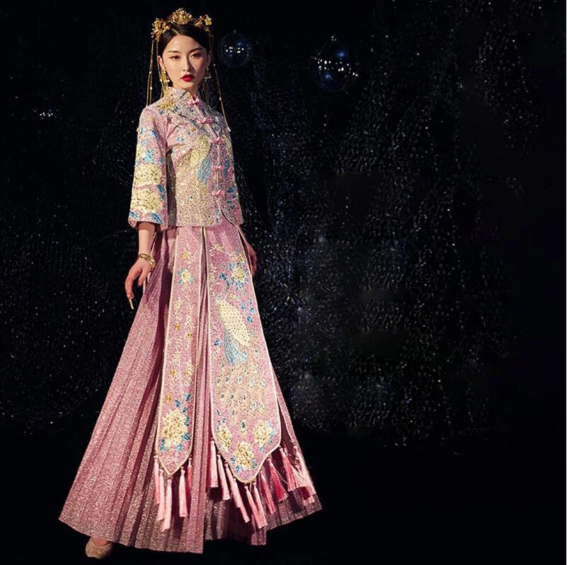 Традиционный китайский стиль свадебное платье невесты тост античный Cheongsam Винтажный Розовый Элегантный современный Азиатский Свадебный тонкий одежда