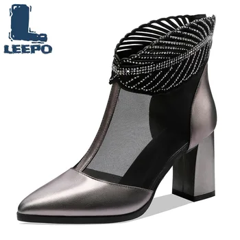 

Summer Boots for Women Cow Leather Net Perforated High Heels Pointed Toe Booties Woman Ankle Boots Feminine Hollow Mesh Shoes