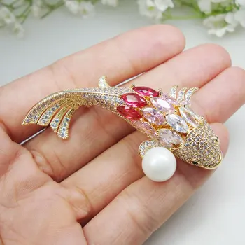 

Luxurious Pink Carp Fish Zircon Crystal Pearl Brooch Pin High Quality Animal Gifts