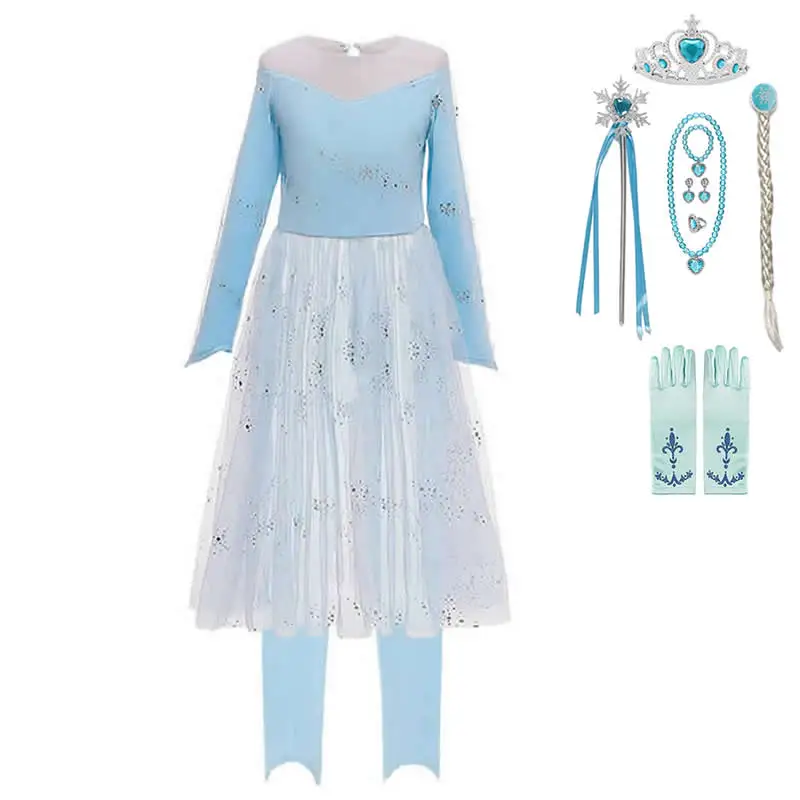 Голубое платье Эльзы для девочек; комплект из 2 предметов; кружевное платье принцессы для костюмированной вечеринки с длинными рукавами, блестками и принтом снежинки; градиентные костюмы; платья средней длины