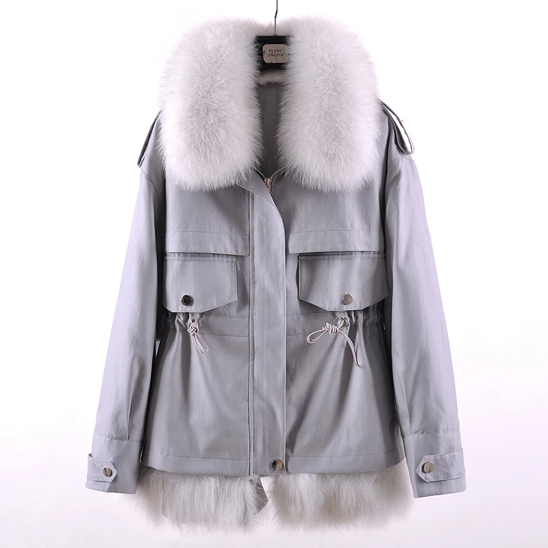 Fashion Gray 2 Женское зимнее пальто из натурального меха кролика рекс теплая парка винтажная теплая куртка с воротником из натурального Лисьего меха короткое пальто Hiver 01903 - Цвет: Fashion Gray 2