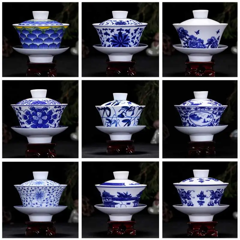 

Beautiful Blue And White Porcelain Jingdezhen Gaiwan Tea Set 300ml Big Size Covered Bowl Chinese Kung fu tea set
