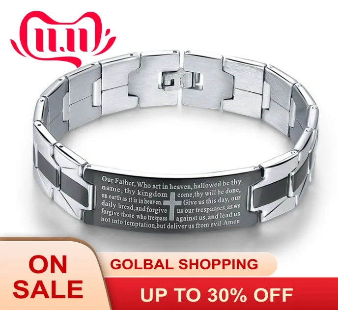 Библия Отче наш браслет Для мужчин с черным перекрестным креплением Нержавеющая сталь браслет