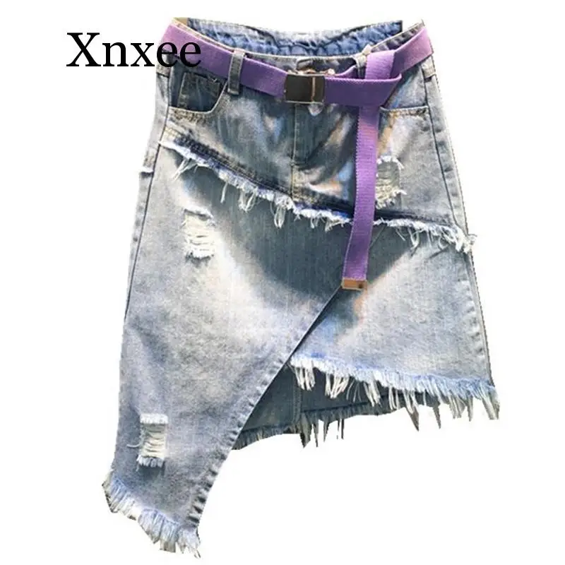 

Летняя женская джинсовая юбка с асимметричными отверстиями и кисточками, облегающие узкие джинсы, трапециевидная юбка 2XL, готический пояс на бедрах