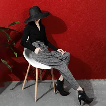 

LANMREM 2020 Radish Pants Women Loose Spring New Woolen Lattice Nine Points High Waist Harem Pants Women PB815