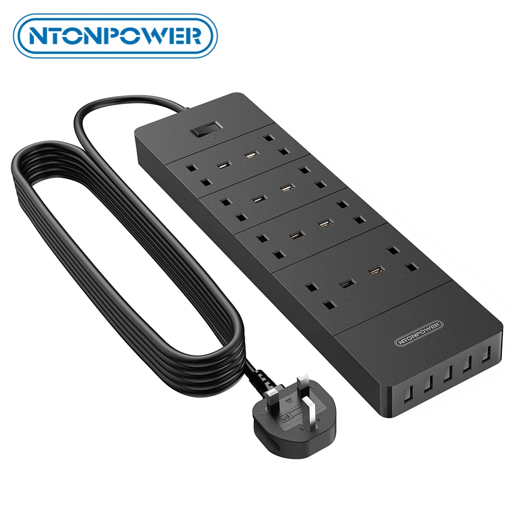 

NTONPOWER 3m Extension Lead with Surge Protection Multi Plug Extension with 5 USB Slots Switched 13amp UK Power Strip for Home