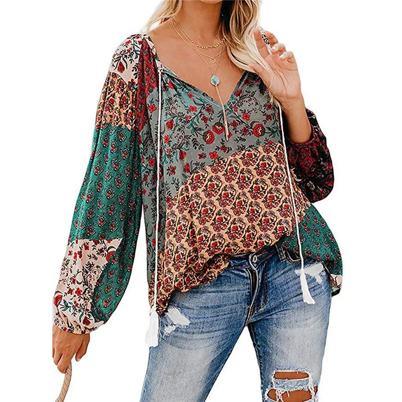 

Floral Long Sleeve Blouse Women V-Neck Drawstring Bohemia Color Block Ethnic Blouses Shirt Tops Casual Vintage Beach Top