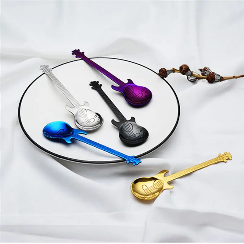 

5pc/set Stainless Steel Long Guitar Coffee Spoon Set For Tea Dessert Ice Cream Spoon Gold Silver Colorful Kitchen Drinking Tools