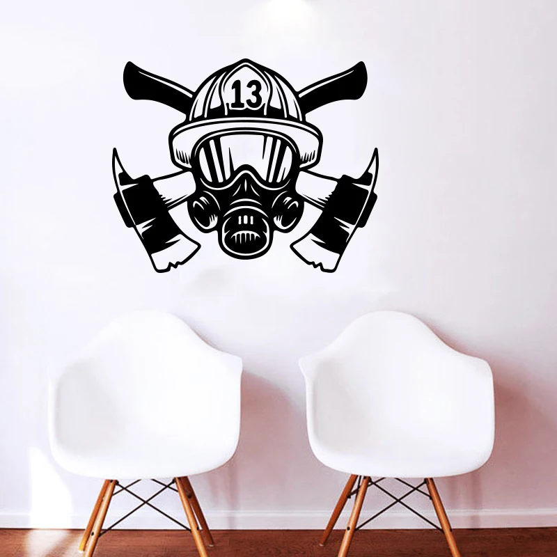 Large Firefighter Mask Helmet Tools Wall Sticker Bedroom Playroom Fire Fighter Hat Ax Wall Decal Boy Room Vinyl Home Decor (1)