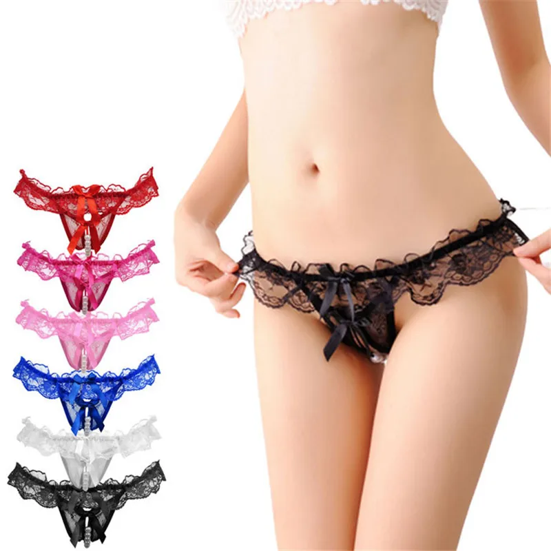 

Sexy Crotchless Underwear Faux Pearl Women's G-String Thongs Briefs Panties Hot Erotic Women Lingerie String Lace Bowknot