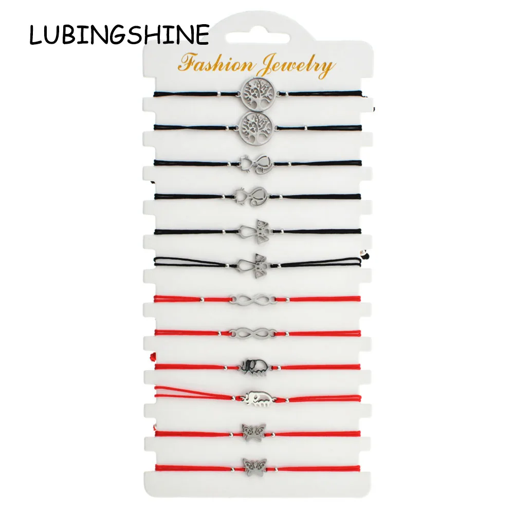 12pcs/lot Cat Elephant Butterfly Charms Stainless Steel Bracelet Braided Adjustable Rope Chain Tree of Life Wristband Jewelry