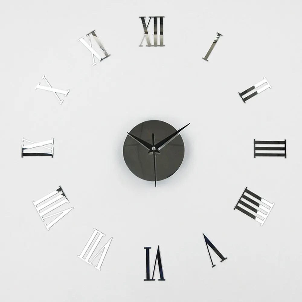 

Acrylic Wall Clock with Fashion Design Silver Roman Number Home DIY Decor Frameless 3D Decoration Adhesive Numeral Vintage Bed