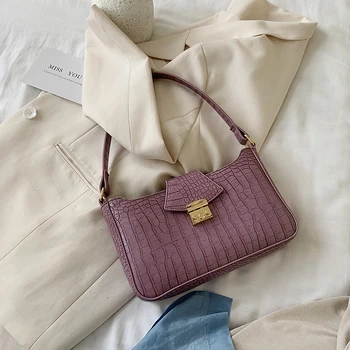 

2020 Popular New PU Leather Purple Crocodile Baguette shape Bags For women Shoulder bags Underarm bags Fashion luxury tote bag