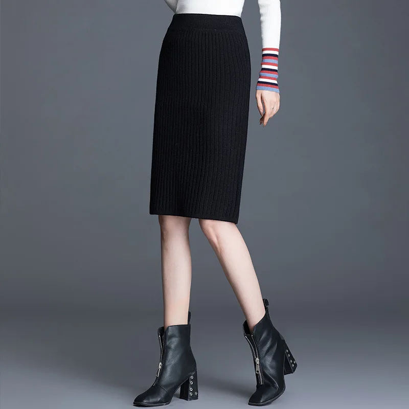 

Knitted Dress Women's Skirt Autumn And Winter 2019 New Style Mid-length High-waisted Yarn Skirt One-step Skirt Black Overskirt