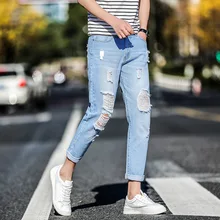 Модные мужские джинсы с дырками тонкие повседневные джинсы однотонные джинсы длиной до щиколотки Homme Большие размеры