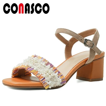 

CONASCO Women Sandals Sweet Elegant String Bead Mixed Colors Fashion Casual Wedding Women Pumps Summer High Heels Shoes Woman