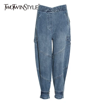 

TWOTWINSTYLE Vintage Denim Women Harem Pant High Waist Loose Casual Ruched Ankle-length Pants Female Fashion Clothing 2020 Tide