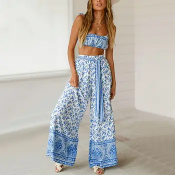 

2019 Summer Casual 2 piece Set Women Sexy Strap Sleeveless Crop Top+Bandage Wide Leg Long Pants Women Fashion Print Set