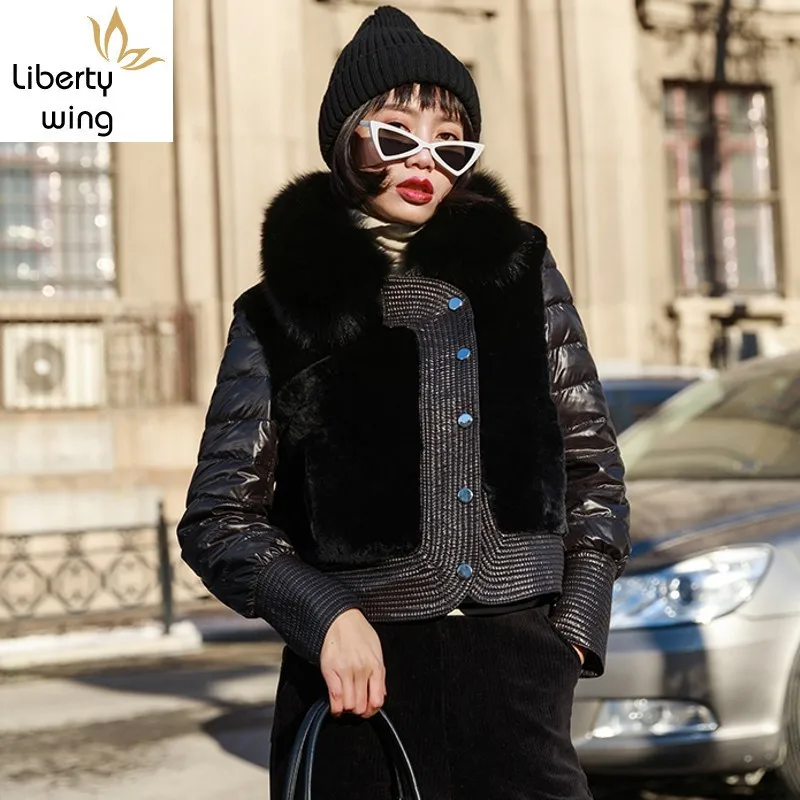 

2020 Shearing Patchwork Down Sleeve Womens Short Winter New Warm Fox Fur Collar Slim Fit Sheepskin Female Outerwear Coats