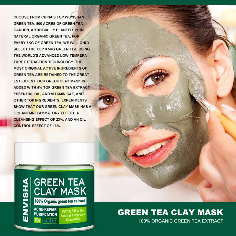 ENVISHA Green Tea Turmeric Pink Clay Facial Mask Cleansing Anti Acne Organic Oil Control Beauty Skin Care Moisturizing Whitening