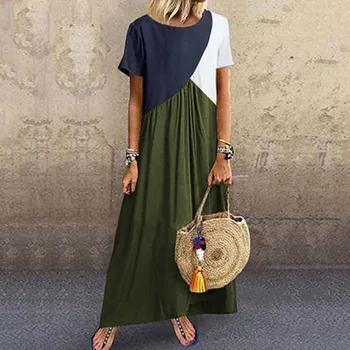 

Nice Women Summer Boho Maxi Long Dress Patchwork VogueLoose Short Sleeve Boho Vestidos Female Beach Vintage Dress Plus Size