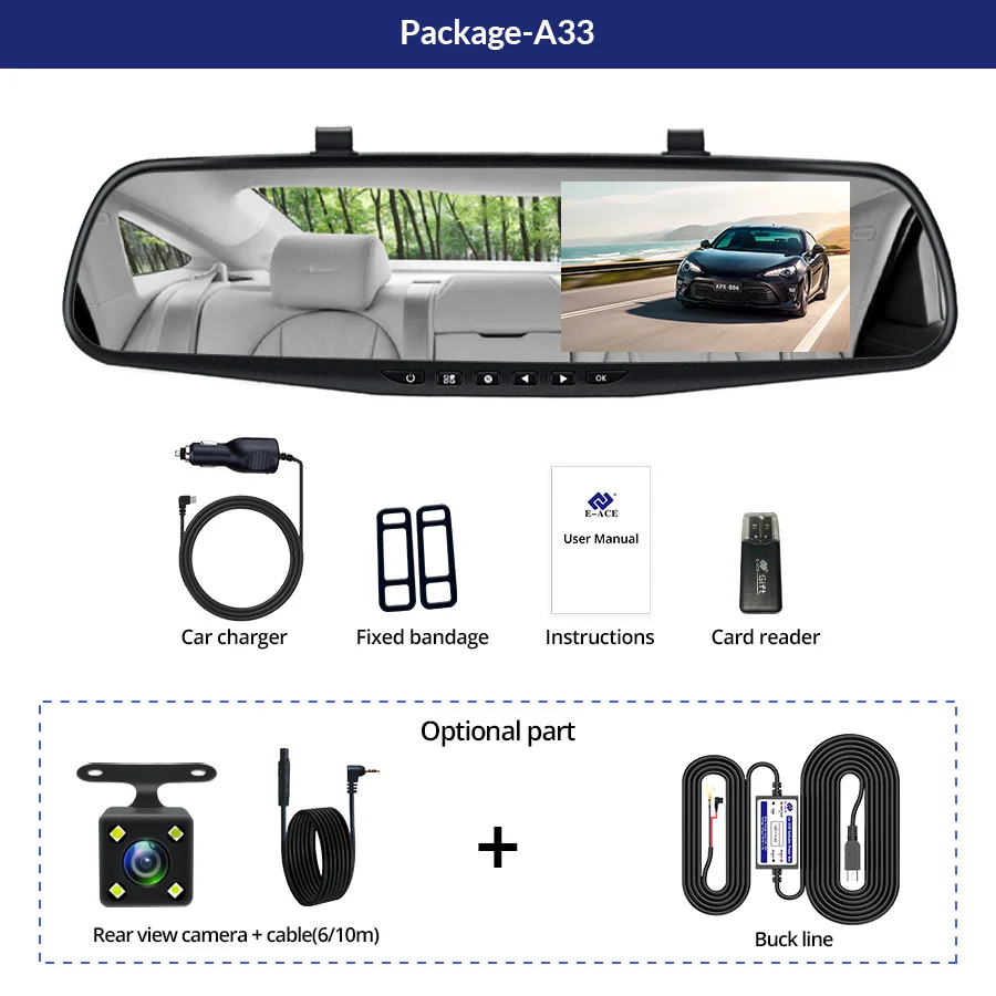 E-ACE Зеркало для автомобиля Dvr 1080P FHD видеорегистратор 4,3 дюймов зеркало заднего вида двойной объектив видео регистратор с камерой заднего вида Dvrs