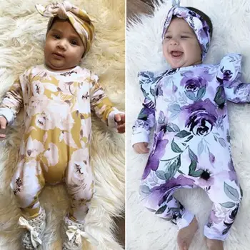 

Toddler Newborn Infant Baby Bodysuit Sets Baby Kids Girls Long Sleeves Jumpsuits Clothes Jumpsuit Headband Outfits 2pcs Set