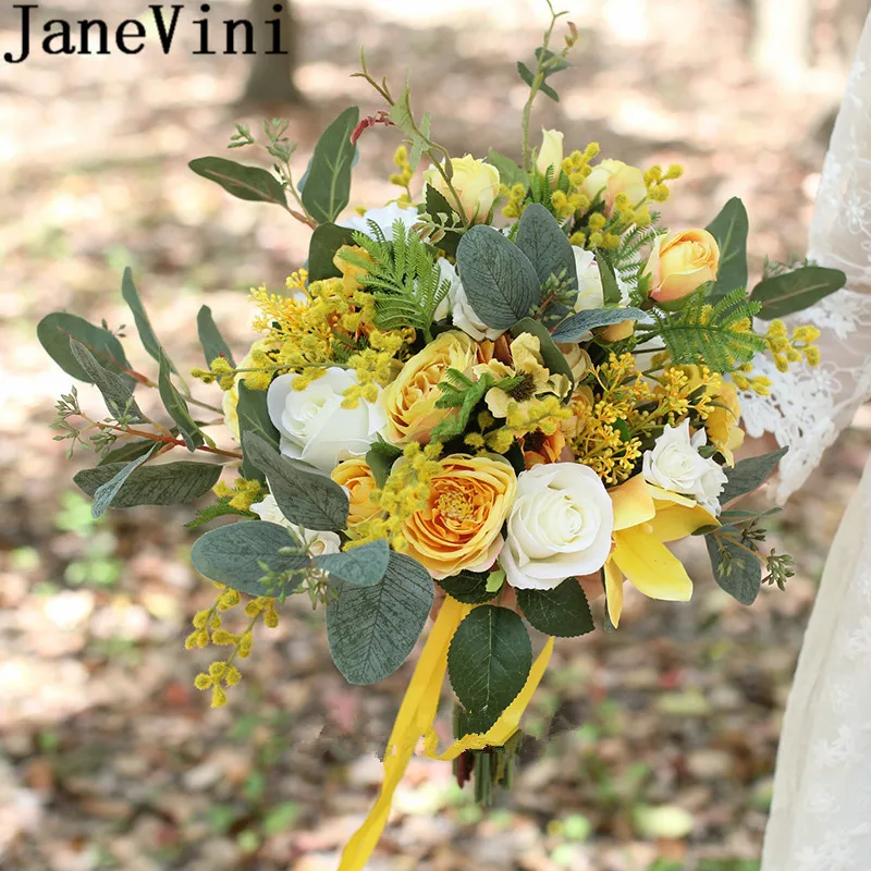 JaneVini Винтаж желтый Свадебный букет держатель цветы Свадебные букеты Искусственные шелковые розы для подружки невесты Свадебные аксессуары