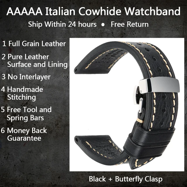 MAIKES Handmade Watch Band Genuine Cow Leather Watch Strap With Butterfly Buckle Bracelet For MONTBLANC Tudor Watchbands Black ButterflyClasp