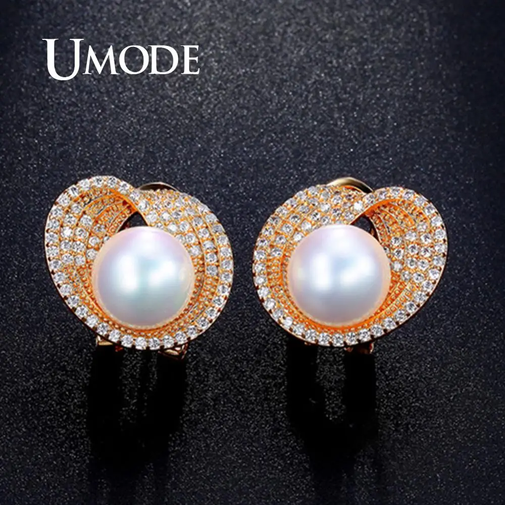

UMODE 10mm Simulated Pearl CZ Cubic Zirconia White Gold Color French Clip Stud Earrings for Women Boucles D'Oreilles UE0189B