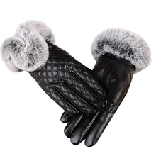 Women'S Winter Genuine Sheepskin Leather Gloves Real Rex Rabbit Fur Thick Warm Autumn Leather Fur Female Black