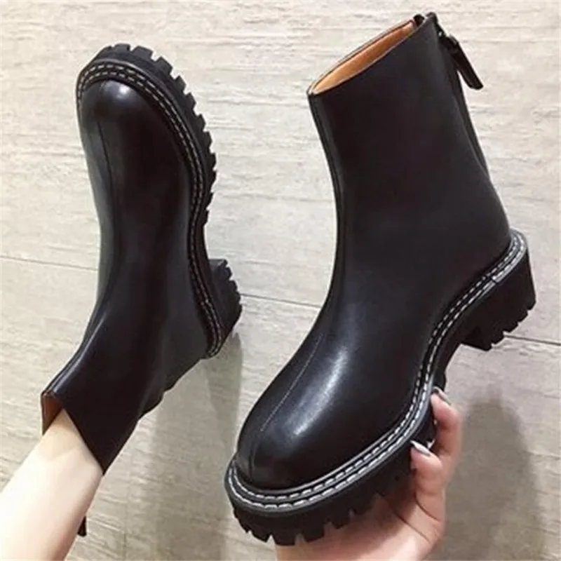 

Spring Autumn Fashion British Style Women Square heel Ankle Motorcycle Boots Thick bottom Leather Waterproof Female Martin Boots
