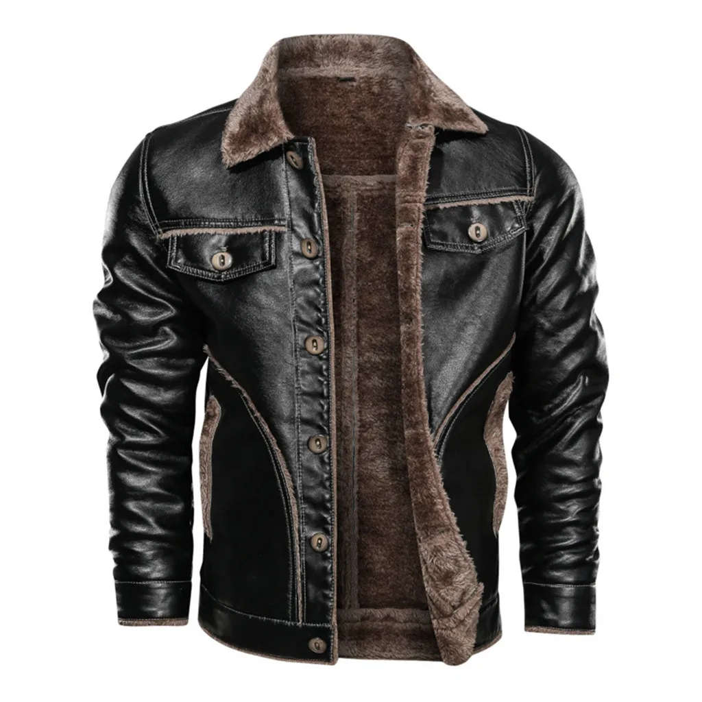 men's fashion winter jacket куртка мужская пуховик Men's Autumn Winter Vintage Turn-down Collar Solid Imitation Leather Coat - Цвет: Черный