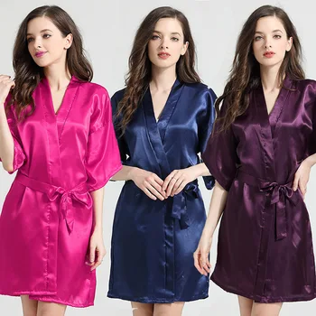 

Solid Color Wedding Robe For Bride&bridesmaid With Belt Sexy Loose Lounge Kimono Bathrobe Gown Satin Softy Intimate Lingerie