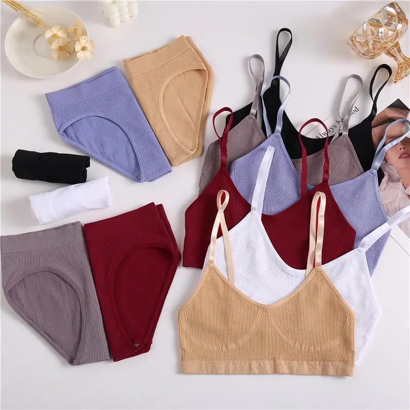 2PCS Bra Set Women Sexy Bralette Sexy Female Underwear Lingerie Ribbed Tops Girls Fashion Brassiere Basic Stretchy Tank Crop Top plus size bra and panty sets