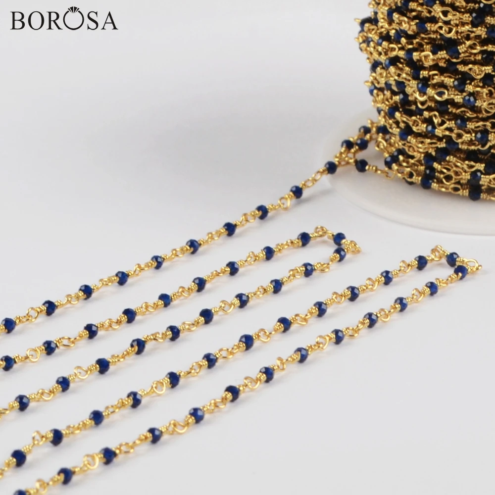 BOROSA 3 метра золотого цвета 2 мм синие стеклянные бусины граненые латунные Цепи
