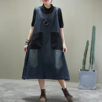 

Spring Autumn 2020 New Sleeveless Vest Denim Dress Female Literary A-line Loose Pockets Patchwork Cowboy Suspender Dress k978
