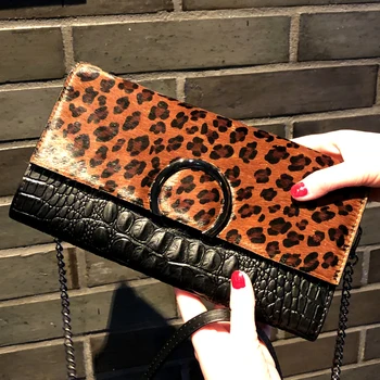 

Leopard Horse Hair Envelope Clutch Purse Shouder Bag Brand Designer Genuine Leather Crossbody Bag Women Clutch Messenger Bag