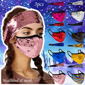 

Mascarilla Face Mask Fashion Adult Woman Paillette Safet Protect Washable Sequin 3 Face Mask 3 Headbands Mouth Caps Washable