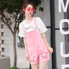 Свободные милые розовые джинсовые шорты с вышивкой в виде кота, комбинезон, шорты для женщин XS, s, m, l, xl