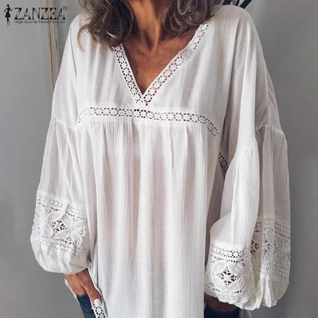 US $10.66 ZANZEA Elegant Lace Patchwork Blouse Women Tunic Sexy V Neck Puff Sleeve Blusas Mujer Female Transp