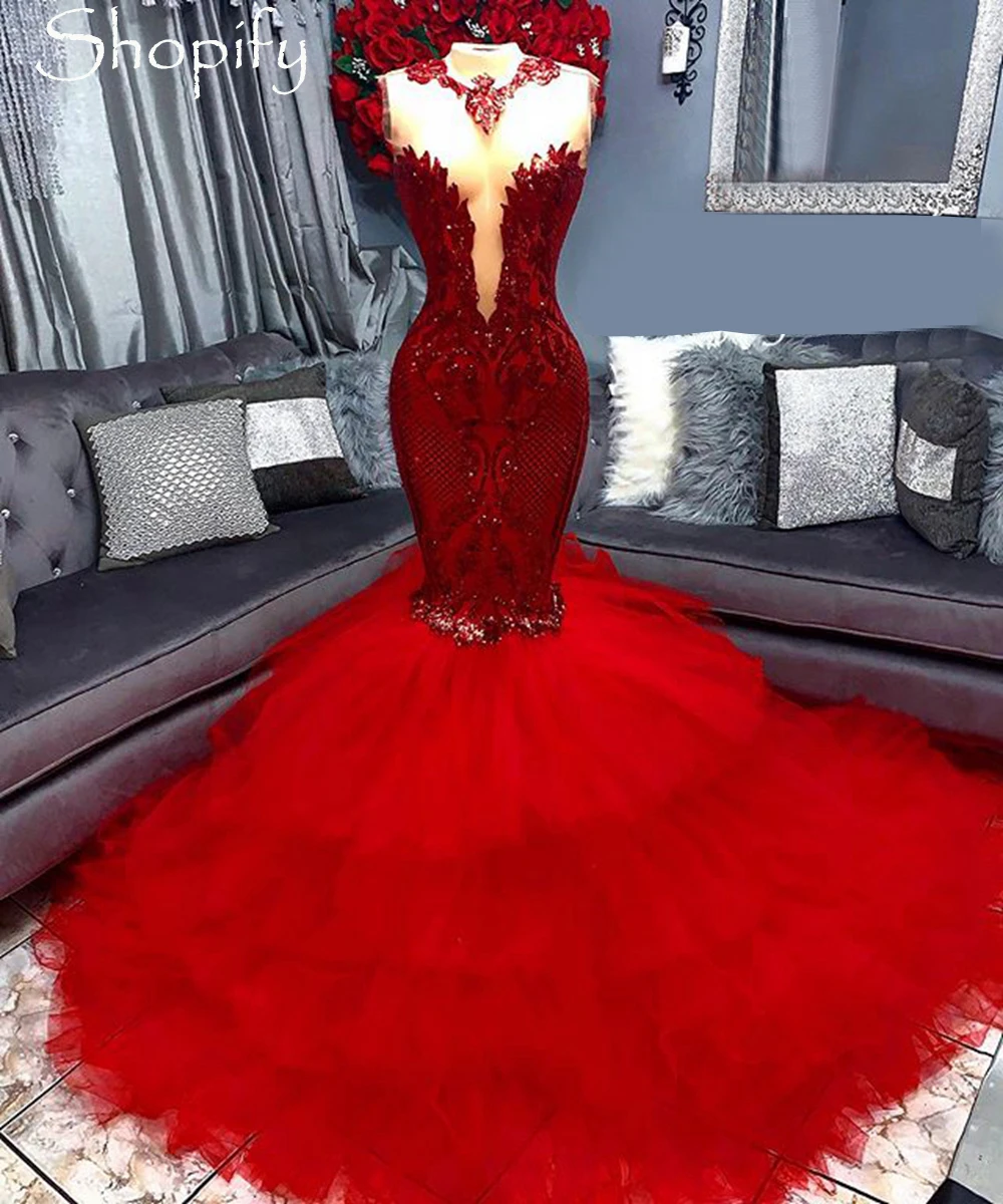 Long Red Prom Dresses 2022 Elegant Mermaid Ruffles Tulle African Black